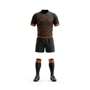 Black and brown rugby uniform with geometric pattern on jersey and orange accents on sleeves and socks