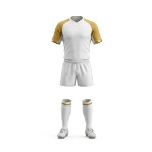 Rugby uniform with white shirt, gold sleeves, white shorts, and white socks with gold stripes