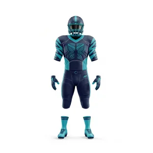 Front view of a dark blue and teal geometric pattern American football uniform set, including helmet, jersey, pants, gloves, and cleats.