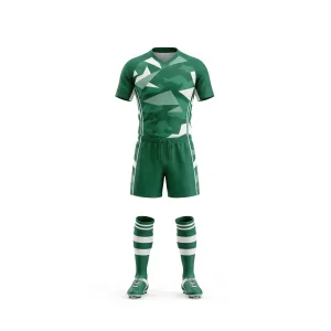 Emerald green camo rugby uniform with white accents, including jersey, shorts, socks, and cleats