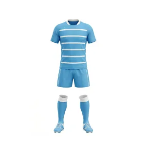 Light blue rugby uniform with white stripes and short sleeves, including socks and cleats
