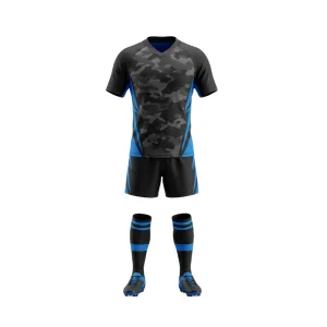 Black and blue camouflage rugby uniform kit, including jersey, shorts, and socks, ready for the field.