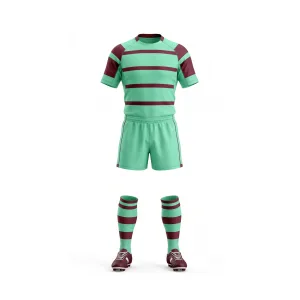 Front view of a mint green and maroon striped rugby kit, including jersey, shorts, and socks