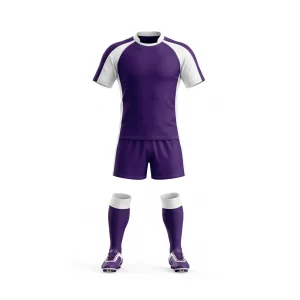 Full front view of a purple and white short sleeve rugby uniform with matching shorts, socks, and cleats.