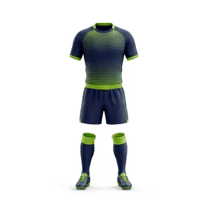 Front view of Spenix Sports Wear navy and lime green rugby uniform set with halftone dot pattern, including jersey, shorts, and socks.
