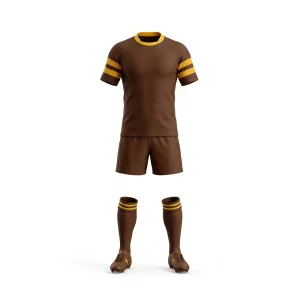 Full front view of a brown and gold striped sleeve rugby uniform kit with jersey, shorts, socks, and boots.