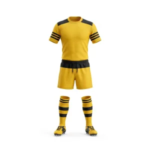 Front and back view of a complete yellow and black striped rugby uniform set including jersey, shorts, socks, and cleats on a white background.