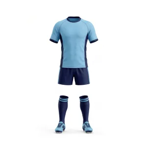 Front and back view of a light blue and navy rugby kit, including jersey, shorts, and socks, displayed against a white background.