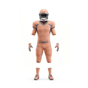 Complete Peach & Grey American football uniform set, including helmet, jersey, pants, gloves, and cleats, ready for game day.