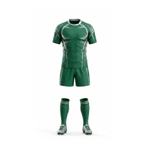 Front and back views of an emerald green rugby uniform with white patterned jersey, matching shorts, and socks.
