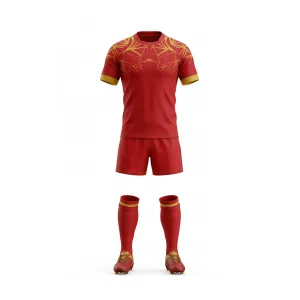 Full front view of a Spenix Sports Wear red and gold patterned rugby uniform kit, including jersey, shorts, socks, and cleats, against a white background.