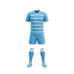 Front view of a complete light blue rugby uniform with white horizontal stripes, matching shorts, and blue socks with white cuffs.