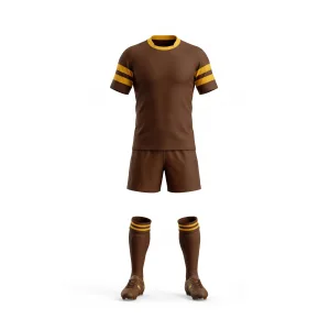 Front and back view of brown and gold striped rugby uniform kit with jersey, shorts, socks, and cleats