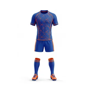 Front view of Spenix Sports Wear blue and orange geometric rugby uniform kit with matching cleats and socks