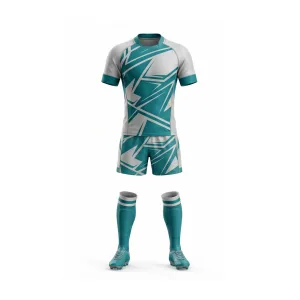 Front and back view of a teal and white geometric rugby uniform set with shorts, socks, and cleats.