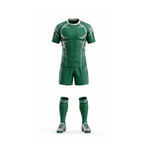 Front and back view of a forest green and white patterned rugby uniform set, including jersey, shorts, and socks.