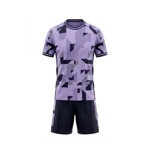 Front view of purple geometric pattern soccer uniform set with black shorts, ideal for team play.