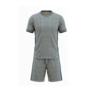 Front view of Spenix Sports Wear teal and beige vertical stripe soccer uniform for men, full kit including jersey and shorts.