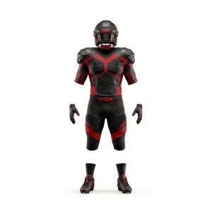 Front view of a black and red American Football Uniform set with helmet, jersey, pants, and cleats, ready for play.