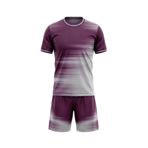 Front view of deep purple and light grey gradient soccer uniform kit with short-sleeved jersey and matching shorts.