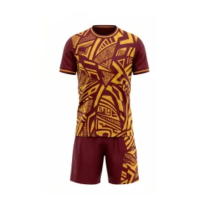 Front view of maroon and gold geometric soccer uniform set with tribal-inspired pattern, perfect for a men's soccer kit