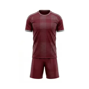 Front and back views of a men's maroon plaid soccer uniform set with grey trim on a white background.