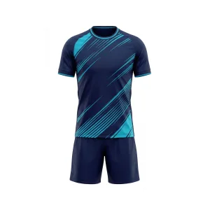 Front view of Spenix Sports Wear navy blue and sky blue striped soccer uniform kit with matching shorts on white background