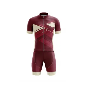 Front view of men's maroon and cream geometric cycling kit with full-zip jersey and matching bib shorts