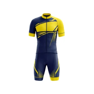 Front and back view of men's navy blue and yellow geometric cycling kit, including short-sleeve jersey and matching bib shorts.
