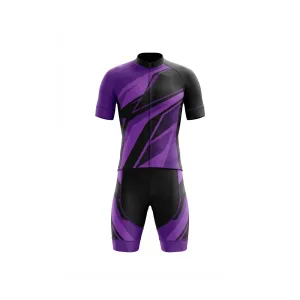 Men's purple and black geometric pattern short-sleeve cycling kit front view