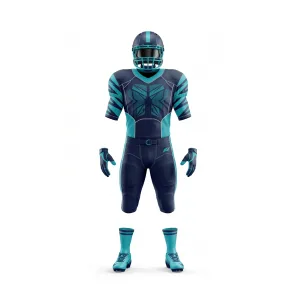 Full navy and teal geometric American football uniform set, featuring helmet, jersey, pants, gloves, and cleats, ready for game day.