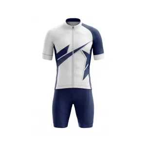 Front and back view of a white and navy geometric cycling kit with short sleeves and bibless shorts for men.