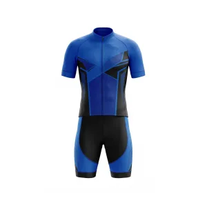 Front view of royal blue cycling kit with black geometric panels, short-sleeve jersey and bib shorts on white background