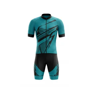 Front view of a men's cycling kit in teal and black with a modern geometric pattern, including a short-sleeve jersey and padded shorts.