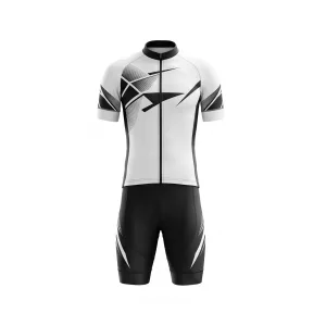 Front view of Spenix white and black geometric cycling kit for men, showing jersey and shorts