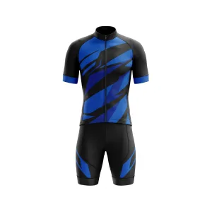 Front view of a men's black and electric blue cycling kit with abstract patterns, showing the jersey and bib shorts.