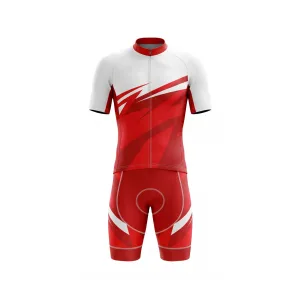 Men's red and white streak cycling kit with short sleeve jersey and padded shorts