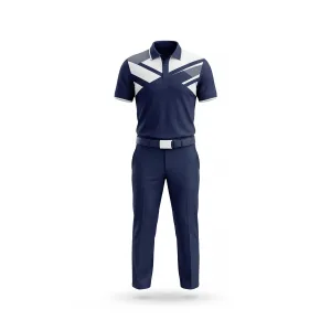 Front view of men's navy blue golf outfit with geometric white and grey polo shirt and matching navy pants