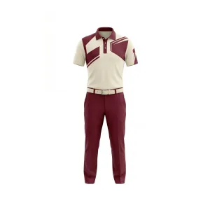 Men's cream and maroon geometric pattern golf polo shirt with matching maroon trousers and white belt for golf.