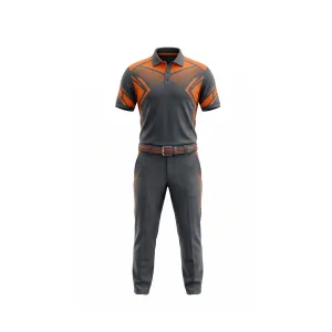Men's dark grey and orange geometric pattern golf polo shirt and matching pants set for performance.