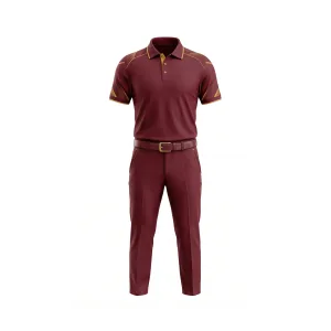 Front view of a men's maroon golf polo and trousers set with gold geometric shoulder accents