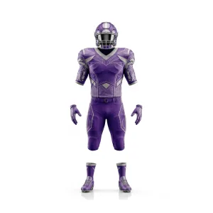 Front view of a purple and silver geometric American football uniform set, including helmet, jersey, pants, gloves, and cleats.
