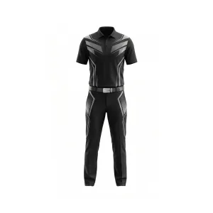 Front view of men's geometric golf apparel, a black polo shirt and pants with silver stripe design