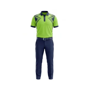 Front view of a men's golf polo shirt in lime green with navy geometric patterns, paired with navy golf trousers.