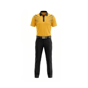Front view of a men's golf polo outfit featuring a gold yellow shirt with black geometric pattern and black golf trousers.