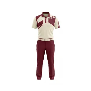 Front view of men's cream and maroon geometric golf outfit with polo shirt and matching pants