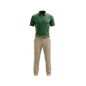 Spenix Sports Wear Dark Green Patterned Golf Outfit with khaki trousers and striped belt for men
