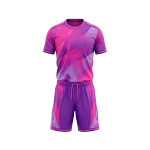Front view of Spenix Sports Wear Purple & Fuchsia Geometric Pattern Soccer Uniform with jersey and shorts