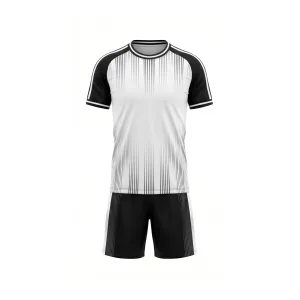Front view of a black and white striped soccer uniform kit with black sleeves and shorts, designed for athletic performance.