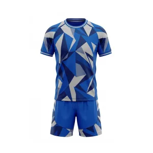 Front view of royal blue and grey geometric soccer uniform set with short-sleeve jersey and matching shorts for men